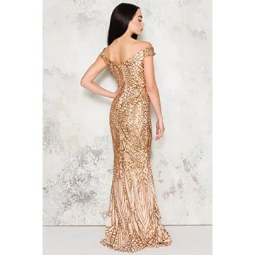 Gold Sequined Off-Shoulder Prom Dress Elegant Glamorous