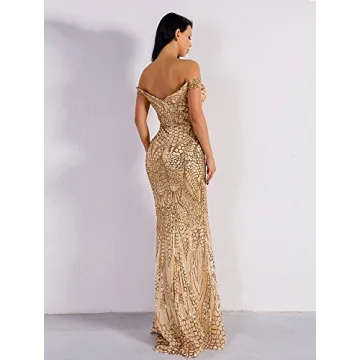 Gold Sequined Off-Shoulder Prom Dress Elegant Glamorous