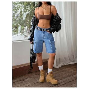 MakeMeChic Women's Low Waist Denim Cargo Shorts Flap Pocket Baggy Y2K Bermuda Jean Shorts