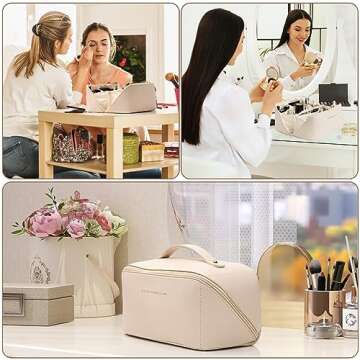 TUYSKE Makeup Bag Large Travel Cosmetic Bag Make up Bags with Compartments Waterproof PU Leather Travel Makeup Organizer and Storage Toiletry Bags for Traveling Women Skincare Bag White