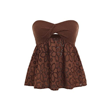 GORGLITTER Women's Flowy Tube Top Twist Front Cut Out Eyelet Strapless Embroidery Bandeau Coffee Bro...