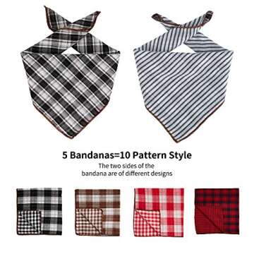 TRAVEL BUS Dog Bandana- 5pcs Washable Dog Bandanas Square Reversible Plaid Stripe Printing Dog Kerchief Set Scarf Accessories for Small to Large Dogs Cats Pets