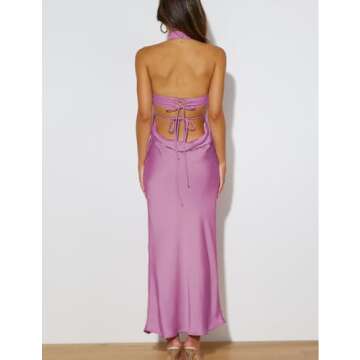 Phicia Sexy Satin Halter Neck Backless Maxi Dress for Women Elegant Tie Cowl Back Formal Wedding Gue...