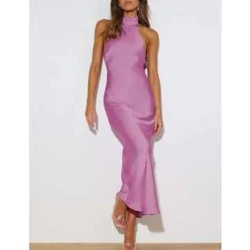 Phicia Sexy Satin Halter Neck Backless Maxi Dress for Women Elegant Tie Cowl Back Formal Wedding Guest Dress for Summer Pink