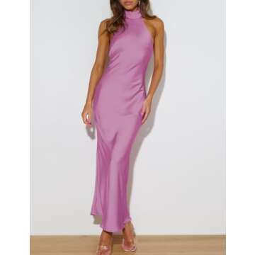 Phicia Sexy Satin Halter Neck Backless Maxi Dress for Women Elegant Tie Cowl Back Formal Wedding Guest Dress for Summer Pink