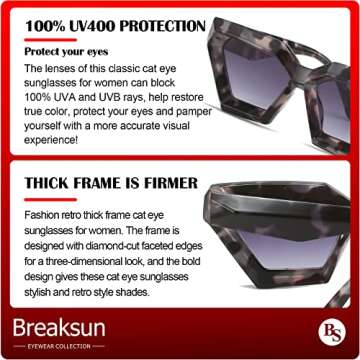 Breaksun Thick Frame Cat Eye Sunglasses for Women Vintage Trendy Cateye Sun Glasses Retro Style Shades (Black+Grey Leopard)