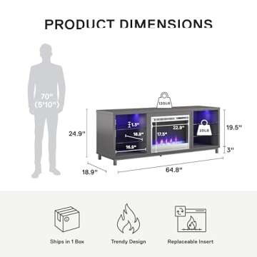 Ameriwood Home Lumina Fireplace TV Stand for TVs up to 70 Inch, Replaceable Electric Fireplace Insert Heater, Remote Control, Timer, Color Changing LED Lights, Crystal Ember Flames, Graphite Gray
