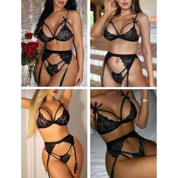 Avidlove Women Lingerie Set Lace Teddy Strap Babydoll Bodysuit with Garter Belts (Small, 1 Black)