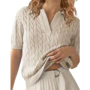 FSVABY Womens Summer Short Sleeve Collared Neck Sweater Shirts Casual Cable Knit Pullover Tops (Apri...