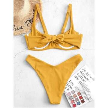 ZAFUL Women's Ribbed Underwire Bikini High Cut V Notch Smocked Swimwear Printed High Leg Swimsuit