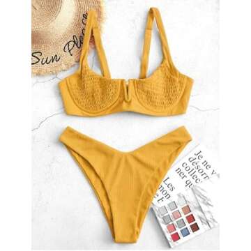 ZAFUL Women's Ribbed Underwire Bikini High Cut V Notch Smocked Swimwear Printed High Leg Swimsuit