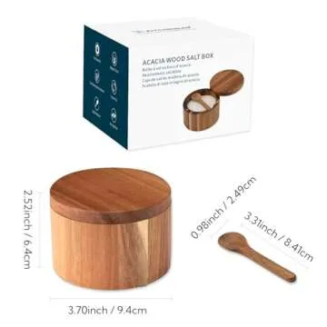 KITCHENDAO Acacia Wood Salt Cellar Bowl Box with Built-in Spoon to avoid Dust, Elegant Kitchen Salt Container Holder with Swivel Magnetic Lid to Storage Pepper Spice Bath Salt Sea Salt, 6OZ