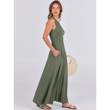 ANRABESS Women Summer Casual Sleeveless Maxi Sundress Button Fit & Flare A-Line Flowy Long Dresses 2024 Beach Outfits Army Green Medium