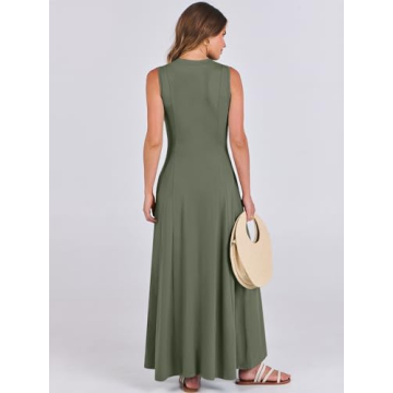 ANRABESS Women Summer Casual Sleeveless Maxi Sundress Button Fit & Flare A-Line Flowy Long Dresses 2024 Beach Outfits Army Green Medium