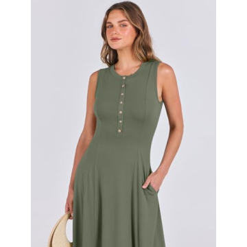 ANRABESS Women Summer Casual Sleeveless Maxi Sundress Button Fit & Flare A-Line Flowy Long Dresses 2024 Beach Outfits Army Green Medium