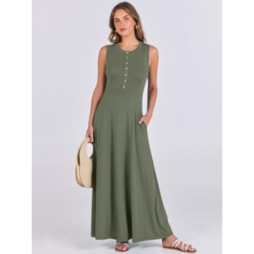 ANRABESS Women Summer Casual Sleeveless Maxi Sundress Button Fit & Flare A-Line Flowy Long Dresses 2024 Beach Outfits Army Green Medium