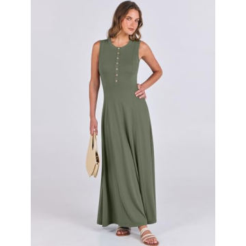 ANRABESS Women Summer Casual Sleeveless Maxi Sundress Button Fit & Flare A-Line Flowy Long Dresses 2024 Beach Outfits Army Green Medium