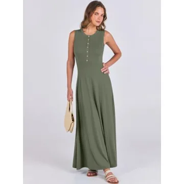 ANRABESS Women Summer Casual Sleeveless Maxi Sundress Button Fit & Flare A-Line Flowy Long Dresses 2024 Beach Outfits Army Green Medium