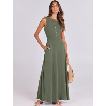 ANRABESS Women Summer Casual Sleeveless Maxi Sundress Button Fit & Flare A-Line Flowy Long Dresses 2024 Beach Outfits Army Green Medium