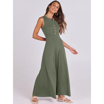 ANRABESS Women Summer Casual Sleeveless Maxi Sundress Button Fit & Flare A-Line Flowy Long Dresses 2024 Beach Outfits Army Green Medium