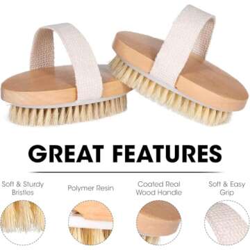 Opaz Dry Body Brush 2 Pack Natural Bristle Exfoliator - Smooth Skin