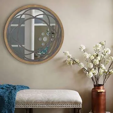 RiteSune 30" Round Wall Mirror with Rustic Wood Frame
