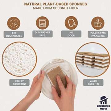 HOUSEHOLD MAFIA Biodegradable Natural Kitchen Sponge - Compostable Cellulose and Coconut Scrubber Sponge - Pack of 12 Eco Friendly Sponges for Dishes