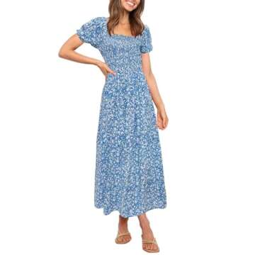 ZESICA Women's Summer Boho Floral Print Square Neck Ruffle Swing Beach Long Maxi Dress,Blue2,Large