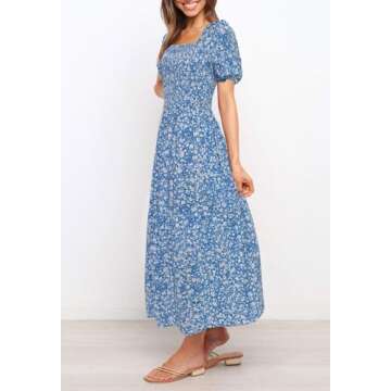 ZESICA Women's Summer Boho Floral Print Square Neck Ruffle Swing Beach Long Maxi Dress,Blue2,Large