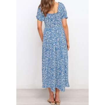 ZESICA Women's Summer Boho Floral Print Square Neck Ruffle Swing Beach Long Maxi Dress,Blue2,Large