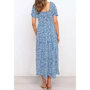 ZESICA Women's Summer Boho Floral Print Square Neck Ruffle Swing Beach Long Maxi Dress,Blue2,Large
