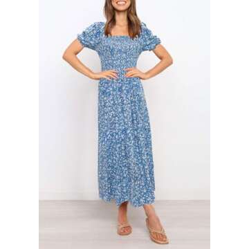 ZESICA Women's Summer Boho Floral Print Square Neck Ruffle Swing Beach Long Maxi Dress,Blue2,Large