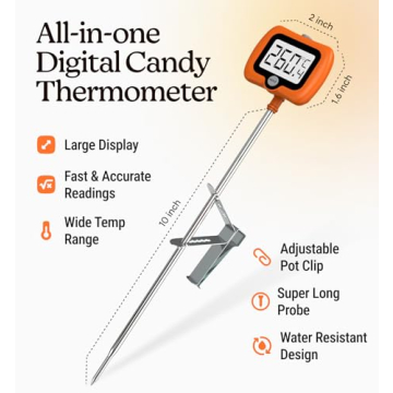 Digital Candy Thermometer with Pot Clip, Instant Read Kitchen Thermometer for Cooking, Baking, and Candy Making – 10" Stainless Steel Probe, LCD Display, Essential Baking Tool (Orange)