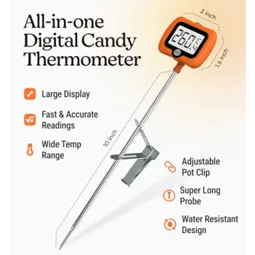 Digital Candy Thermometer with Pot Clip, Instant Read Kitchen Thermometer for Cooking, Baking, and Candy Making – 10" Stainless Steel Probe, LCD Display, Essential Baking Tool (Orange)