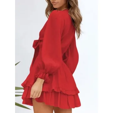 Dokotoo Womens Dresses 2025 Casual Spring Summer Sexy V Neck Ruffle Elegant Long Sleeve Empire Waist Tie Knot Cute Chiffon Boho Beach Tunic Swing A Line Flowy Mini Short Skater Dresses Red XS