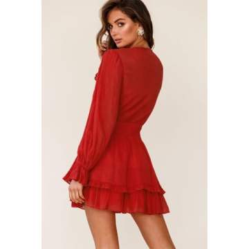 Dokotoo Womens Dresses 2025 Casual Spring Summer Sexy V Neck Ruffle Elegant Long Sleeve Empire Waist Tie Knot Cute Chiffon Boho Beach Tunic Swing A Line Flowy Mini Short Skater Dresses Red XS