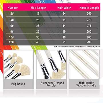 Amagic Fan Brush Set - Hog Bristle Natural Hair - Artist Soft Anti-Shedding Paint Brushes for Acrylic Watercolor Oil Painting, Long Wood Handle with Case, Set of 6