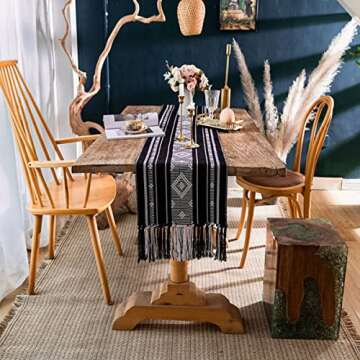 Vgunama Boho Table Runner with Tassel 13.5x71Inch, Farmhouse Style Woven Table Runners, Linen Table Runner for Bedroom Party (Black and White)