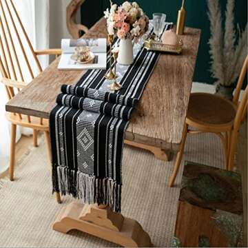 Vgunama Boho Table Runner with Tassel 13.5x71Inch, Farmhouse Style Woven Table Runners, Linen Table Runner for Bedroom Party (Black and White)