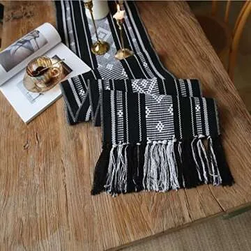 Vgunama Boho Table Runner with Tassel 13.5x71Inch, Farmhouse Style Woven Table Runners, Linen Table Runner for Bedroom Party (Black and White)