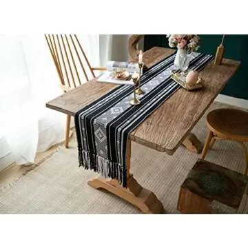 Vgunama Boho Table Runner with Tassel 13.5x71Inch, Farmhouse Style Woven Table Runners, Linen Table Runner for Bedroom Party (Black and White)
