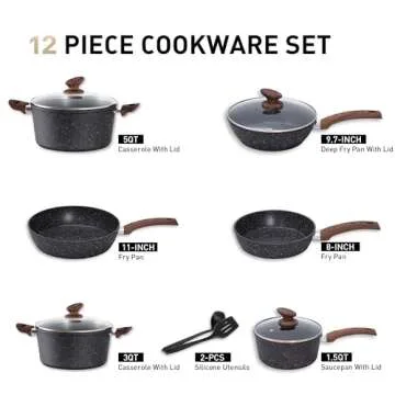 MAISON ARTS Pots and Pans Set Non Stick, 12 Piece Black Granite Kitchen Cookware Induction Compatibl...