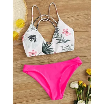SweatyRocks Women's Sexy Bathing Suit Floral Print Cross Back Bikini Set Swimsuits