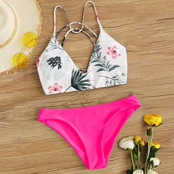 SweatyRocks Women's Sexy Bathing Suit Floral Print Cross Back Bikini Set Swimsuits