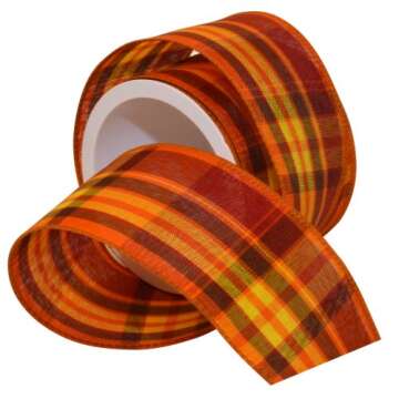 Morex Ribbon Abundance Plaid Wired Fabric Ribbon - Pumpkin Orange, 2-1/2 in x 3-Yd