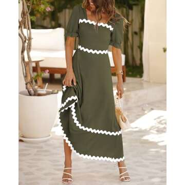 BTFBM Women 2025 Summer Square Neck Short Puff Sleeve Dress Casual RIic Rac Tie Back Smocked Wedding Guest Maxi Dresses