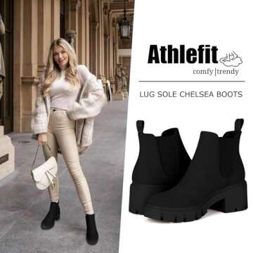 Athlefit Women's Chelsea Boots Fashion Lug Sole Chunky Heel Slip on Elastic Ankle Booties Black Suede Size 10