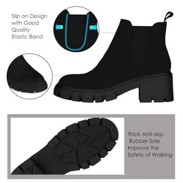 Athlefit Women's Chelsea Boots Fashion Lug Sole Chunky Heel Slip on Elastic Ankle Booties Black Suede Size 10