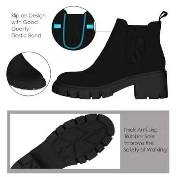 Athlefit Women's Chelsea Boots Fashion Lug Sole Chunky Heel Slip on Elastic Ankle Booties Black Suede Size 10