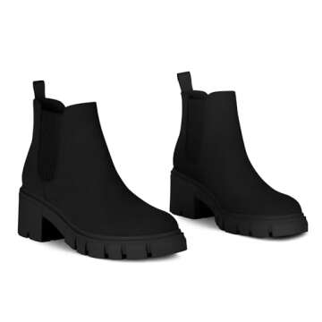 Athlefit Women's Chelsea Boots Fashion Lug Sole Chunky Heel Slip on Elastic Ankle Booties Black Suede Size 10